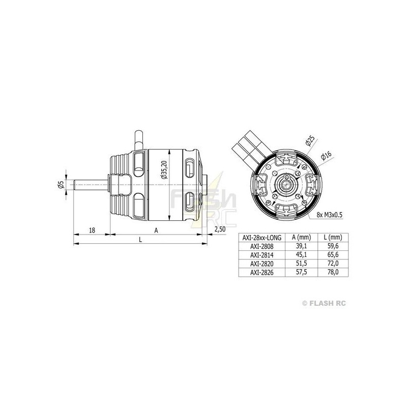 Outrunner - AXI 2808/20 V2 GOLD LINE Motor de eje largo (85g, 1490kv, 256W) - FLASH RC