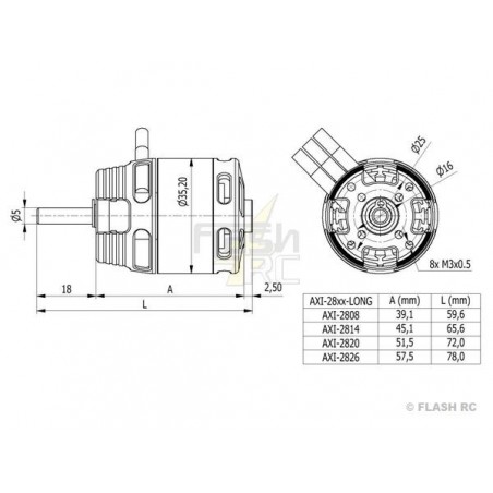 Outrunner - AXI 2808/20 V2 GOLD LINE Motor de eje largo (85g, 1490kv, 256W) - FLASH RC