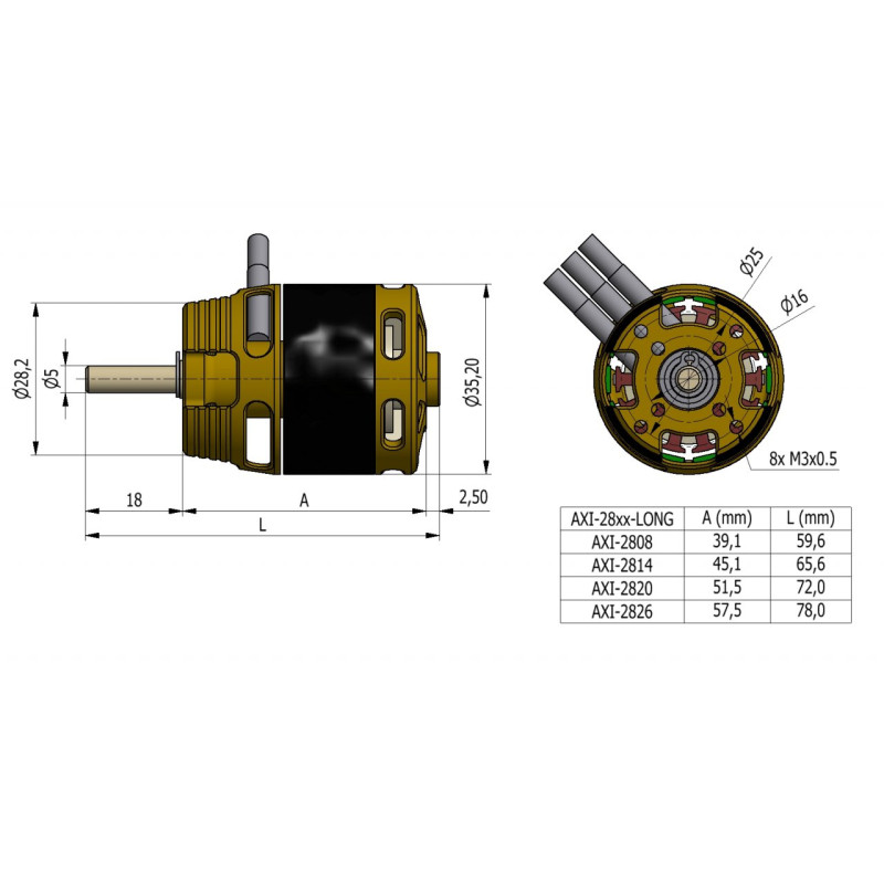 Outrunner - Motor AXI 2820/14 V2 GOLD LINE Langachse (158g, 860kv, 520W) - FLASH RC