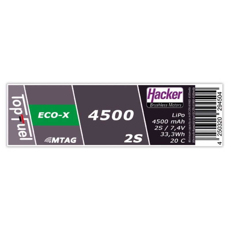 Baterías de propulsión para aviones RC - Lipo Hacker TopFuel Eco-X MTAG 2S 7.4V 4500mAh 20C XT90S socket - FLASH RC