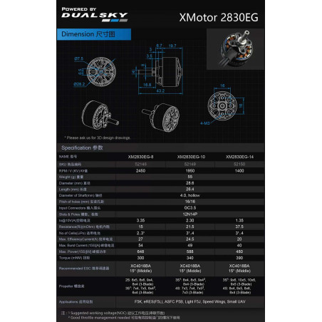 Moteur Dualsky XM2830EG-14 (55g, 1250kV, 480W) - FLASH RC