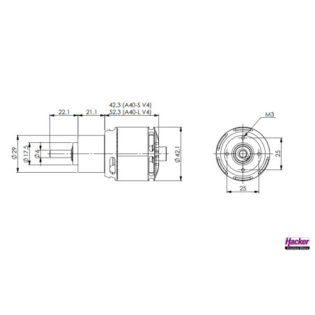 Moteur brushless Hacker A40-10S V4G 8-Pole 1600kv + réducté 6,7:1