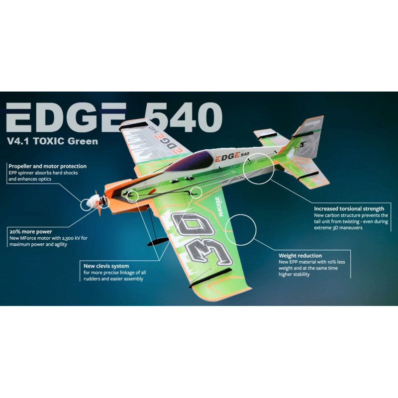 Avion Hacker mode Edge 540 V4.0 TOXIC Vert ARF env.0.84m - FLASH RC