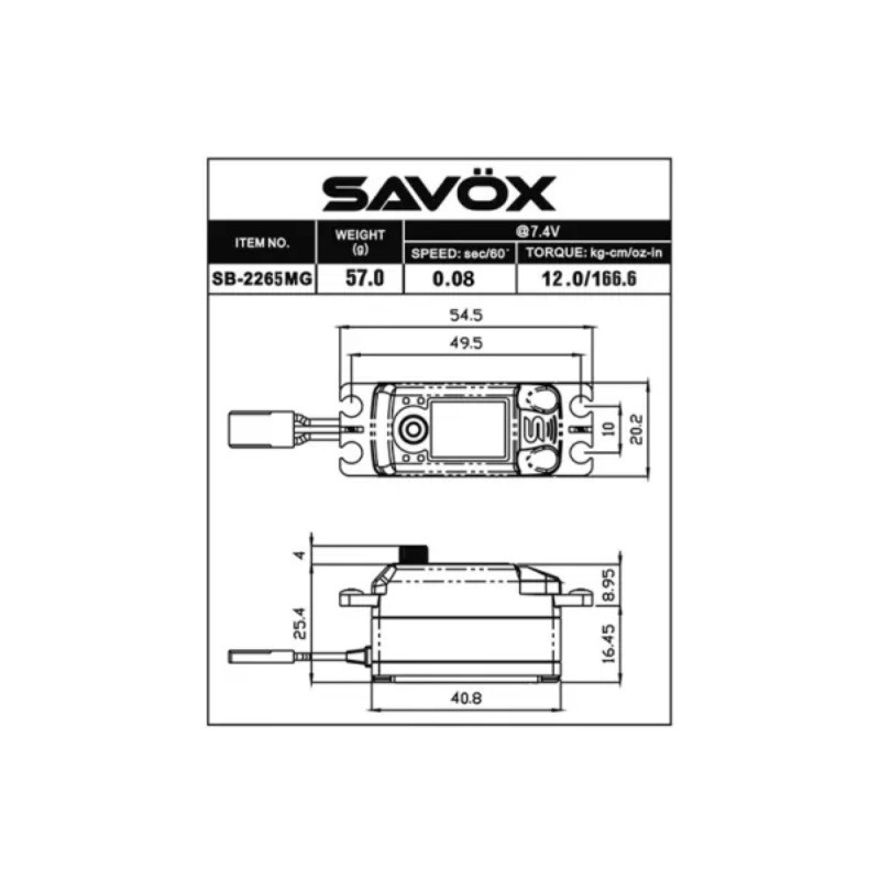 Servo numérique bas profil Savox SB-2265MG (57g, 13kg.cm, 0.08s/60°) - FLASH RC