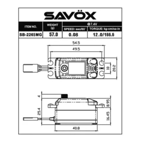 Servo numérique bas profil Savox SB-2265MG (57g, 13kg.cm, 0.08s/60°)