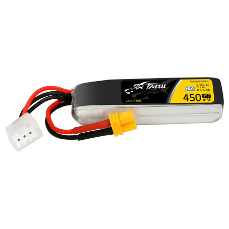 Batterie Lipo Tattu 2s 450mAh 95C 7.6V HV avec prise XT30 Format Long 