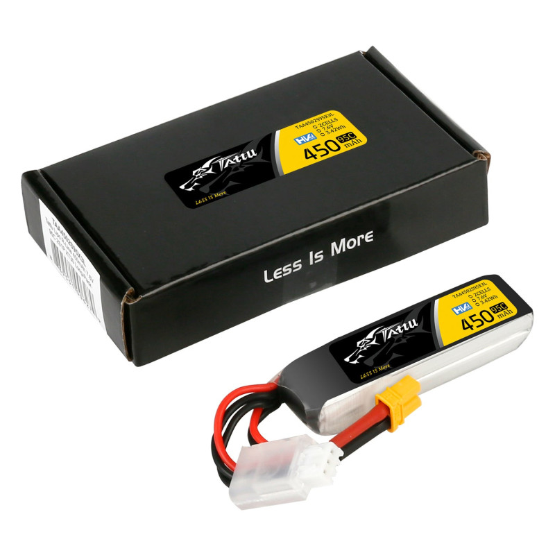 Batterie Lipo Tattu 2s 450mAh 95C 7.6V HV avec prise XT30 Format Long 