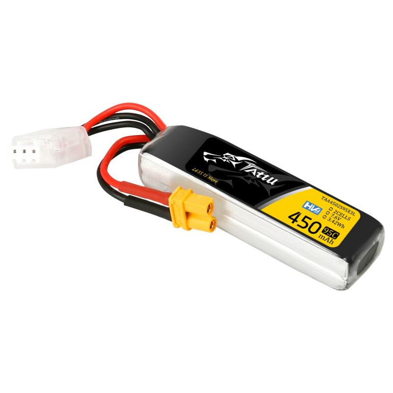 Batterie Lipo Tattu 2s 450mAh 95C 7.6V HV avec prise XT30 Format Long 
