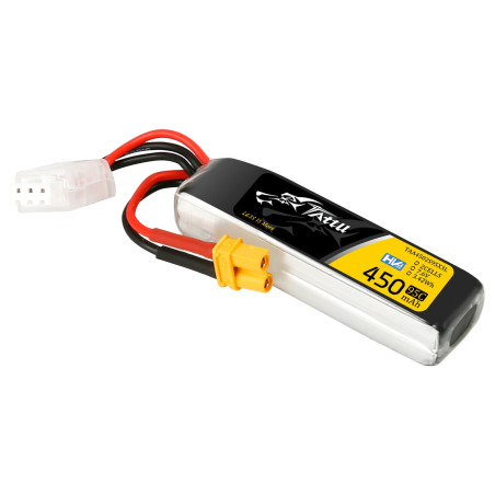 Batterie Lipo Tattu 2s 450mAh 95C 7.6V HV avec prise XT30 Format Long 