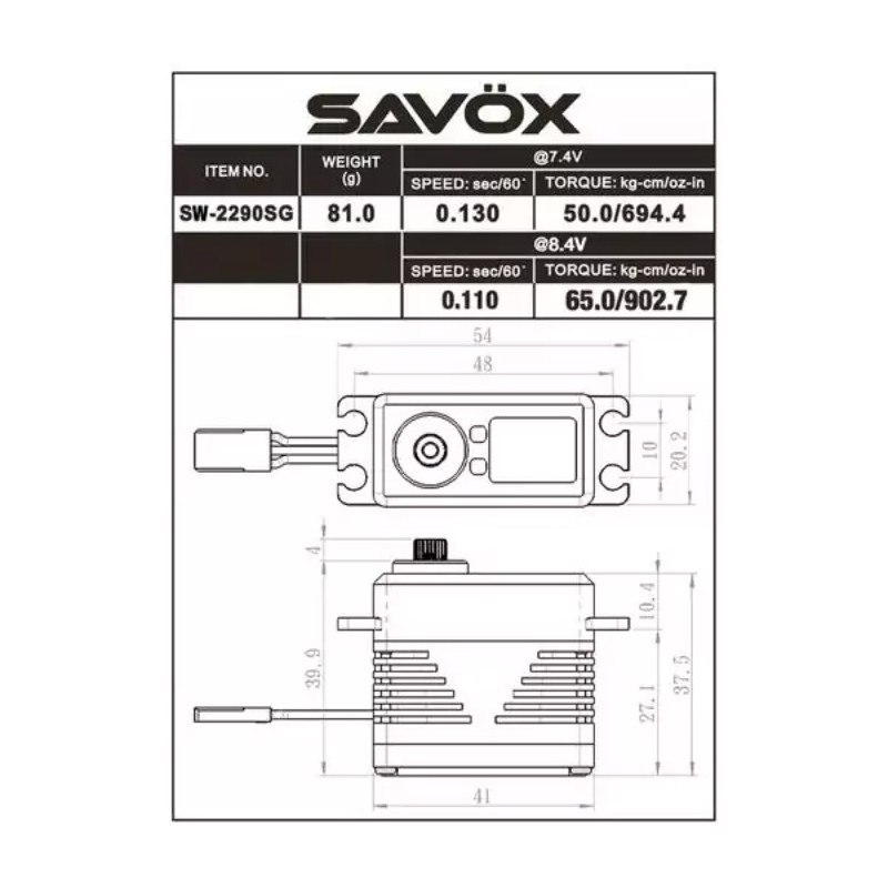 Servo numérique étanche Savox SW-2290SG (81g, 50kg.cm, 0.13s/60°)