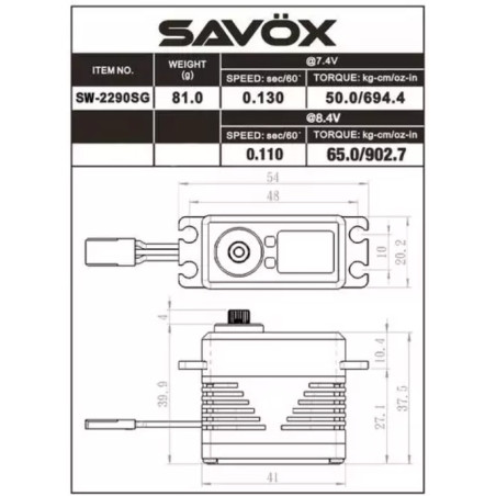 Servo numérique étanche Savox SW-2290SG (81g, 50kg.cm, 0.13s/60°)