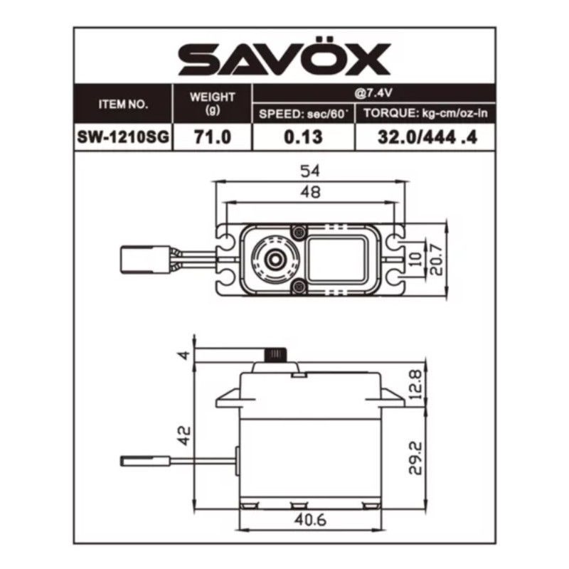Servo numérique étanche Savox SW-1210SG+ (71g, 20kg.cm, 0.15s/60°)