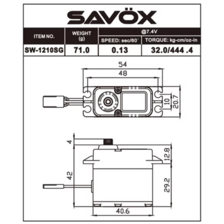 Servo numérique étanche Savox SW-1210SG+ (71g, 20kg.cm, 0.15s/60°)