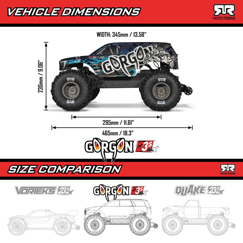 ARRMA 1/10 GORGON 223S 2WD RTR Brushless Monster Truck, Red/Black