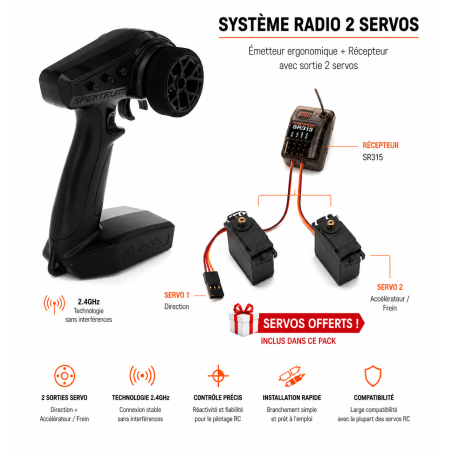 Radio SLT3 Spektrum 2.4GHZ + SR315 + 2 servos A6030 offerts