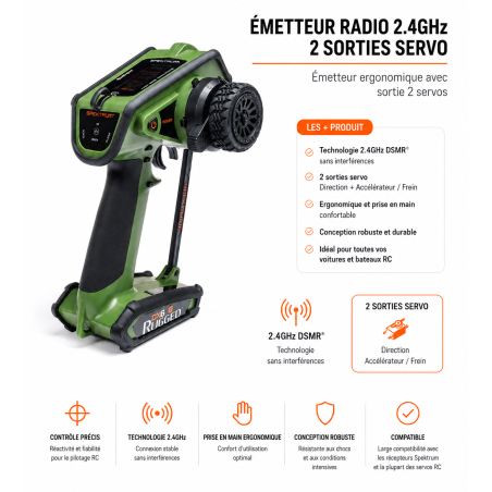 Spektrum DX6 Rugged Radio 6 Voies DSMR verte + 2 servos A6030 offerts