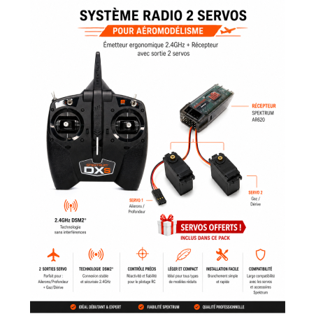 Radio DXS Spektrum DSMX 2.4G + récepteur AR410 + 2 servos A6030 offerts