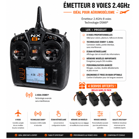 Radio NX8+ 20 Voies Spektrum DSMX 2,4GHz + 4 servos A6030 offerts