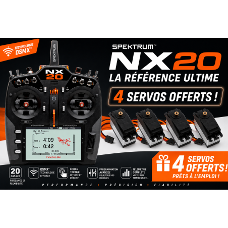 Radio NX20 Spektrum DSMX 2.4GHz + 4 servos A6030 offerts