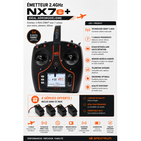 Radio NX7e+ 14 Spektrum DSMX 2,4GHz Black Edition + 4 servos A6030 offerts