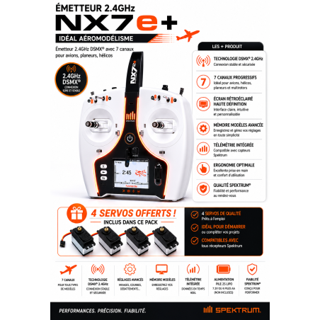 Radio NX7e+ 14 Spektrum DSMX 2,4GHz + 4 servos A6030 offerts