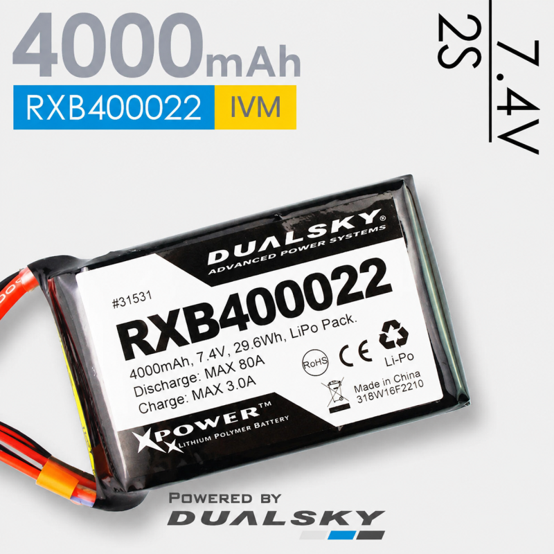 Batería Dualsky, Lipo 2S 7.4v 4000mAh 20C toma XT60 y JR