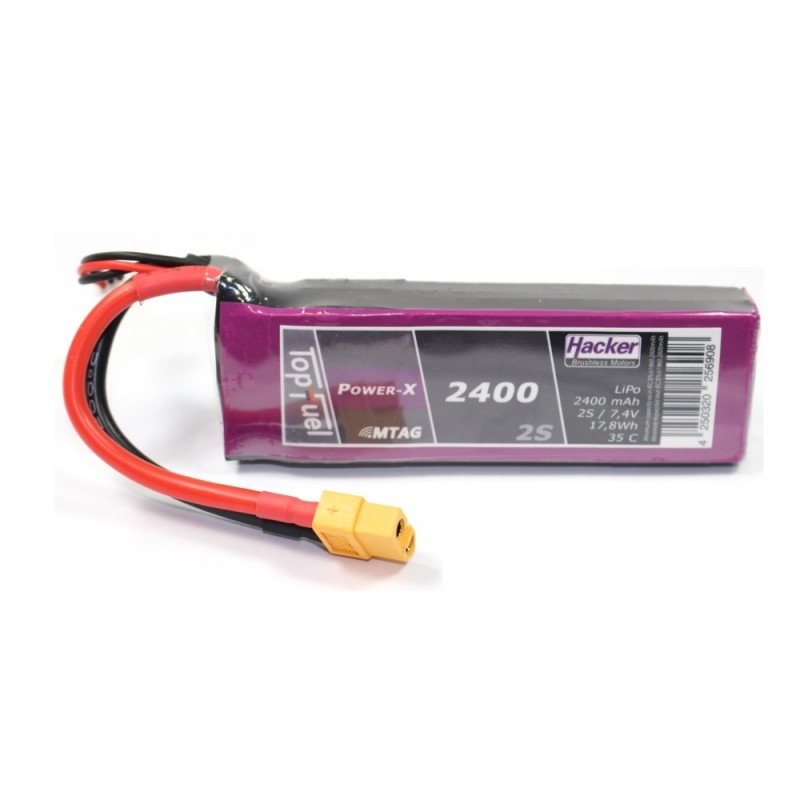 Baterías de propulsión de aviones RC - Lipo Hacker TopFuel Power-X MTAG 2S 7.4V 2400mAh 35C XT60 socket - FLASH RC