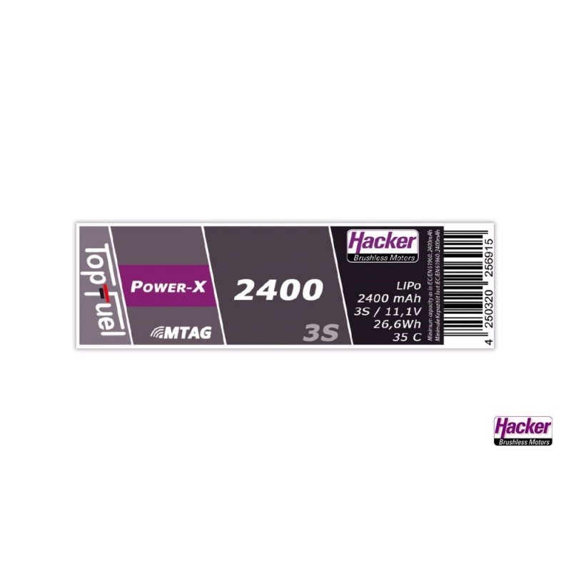 RC Aircraft propulsion batteries - Lipo Hacker TopFuel Power-X MTAG 3S 11.1V 2400mAh 35C XT60 socket - FLASH RC