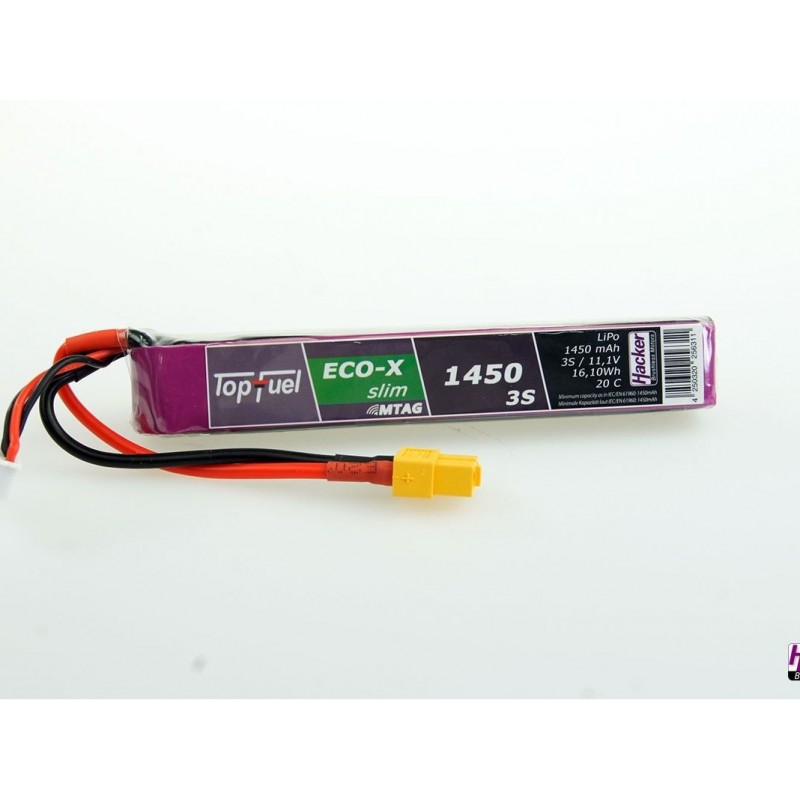 Batteries de propulsion avions RC - Batterie Lipo Hacker TopFuel Eco-X SLIM MTAG, lipo 3S 11.1V 1450mAh 20C prise XT60 - FLASH R