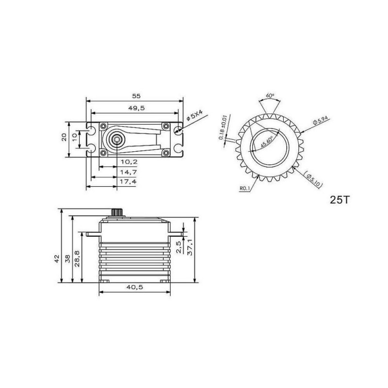 Servos - Servo KST A20-3813 MG HV (72g, 38kg.cm, 0,13seg/60°) - FLASH RC