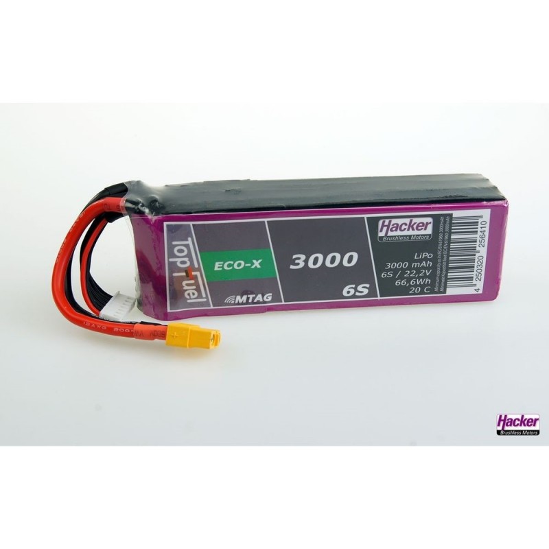 Batteries de propulsion avions RC - Batterie Lipo Hacker TopFuel Eco-X MTAG 6S 22.2V 3000mAh 20C Prise XT60 - FLASH RC