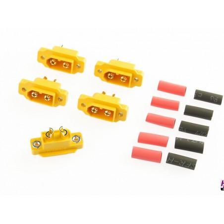Prise XT30/XT60/XT90 - Prises XT60 E1 males fixables sur panneau (5 pcs), gaine thermo incluse Hacker - FLASH RC