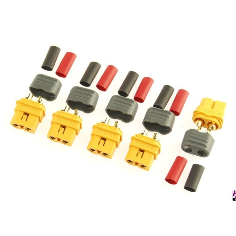 Enchufe XT30/XT60/XT90 - Enchufes XT60 L M/F fijables en una placa (2 pares), funda térmica incluida, Hacker - FLASH RC