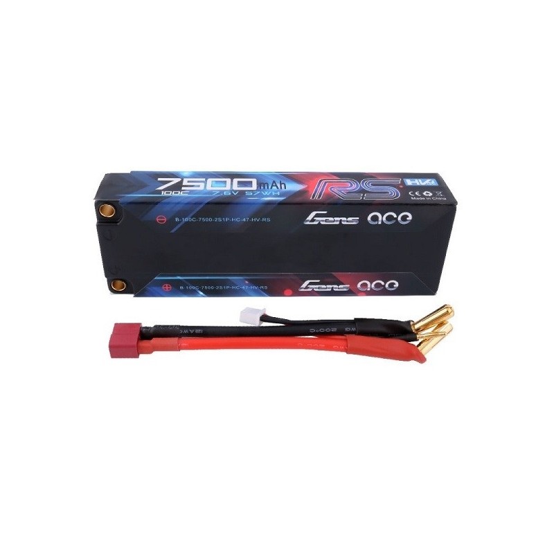 Batterie Gens Ace RS Hardcase, Lipo Hv 2S 7.6V 7500mAh 100C prise 5mm - FLASH RC