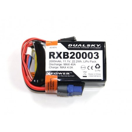 Batterie Lipo 3S 11.1V 2000mAh 20C RX Dualsky prise JR et XT60 - FLASH RC