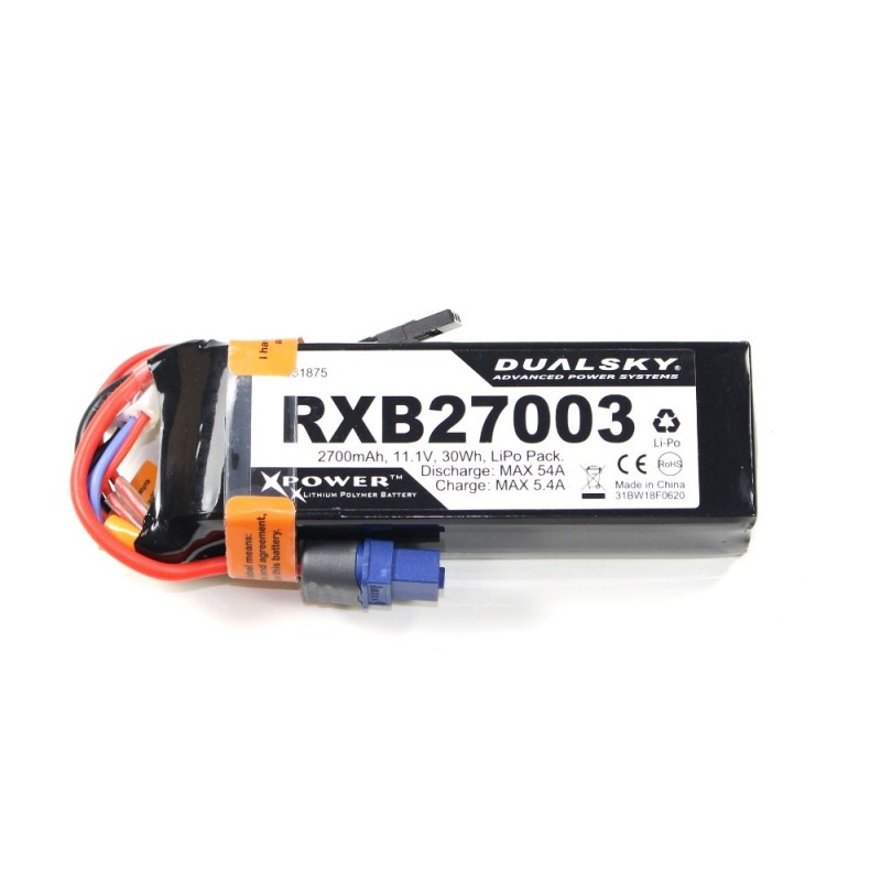 Batterie Lipo 3S 11.1V 2700mAh 20C RX Dualsky prise JR et XT60 - FLASH RC