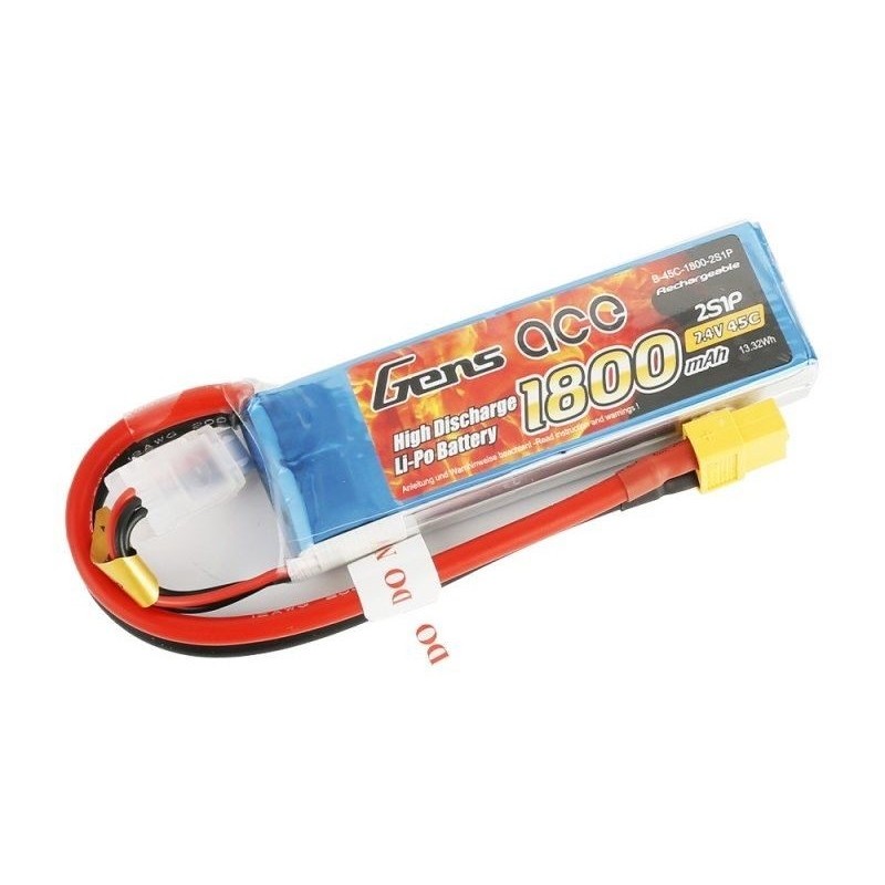 Batteries de propulsion avions RC - Batterie Gens ace lipo 2S 7.4V 1800mAh 45C prise XT60 - FLASH RC