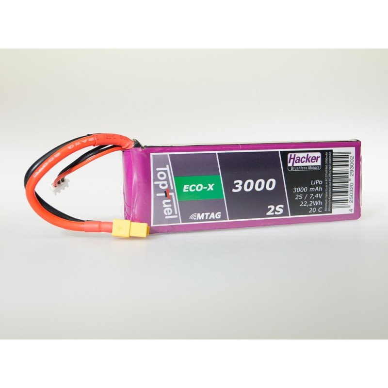 Batterie di propulsione per aerei RC - Lipo Hacker TopFuel Eco-X MTAG 2S 7.4V 3000mAh 20C XT60 socket - FLASH RC