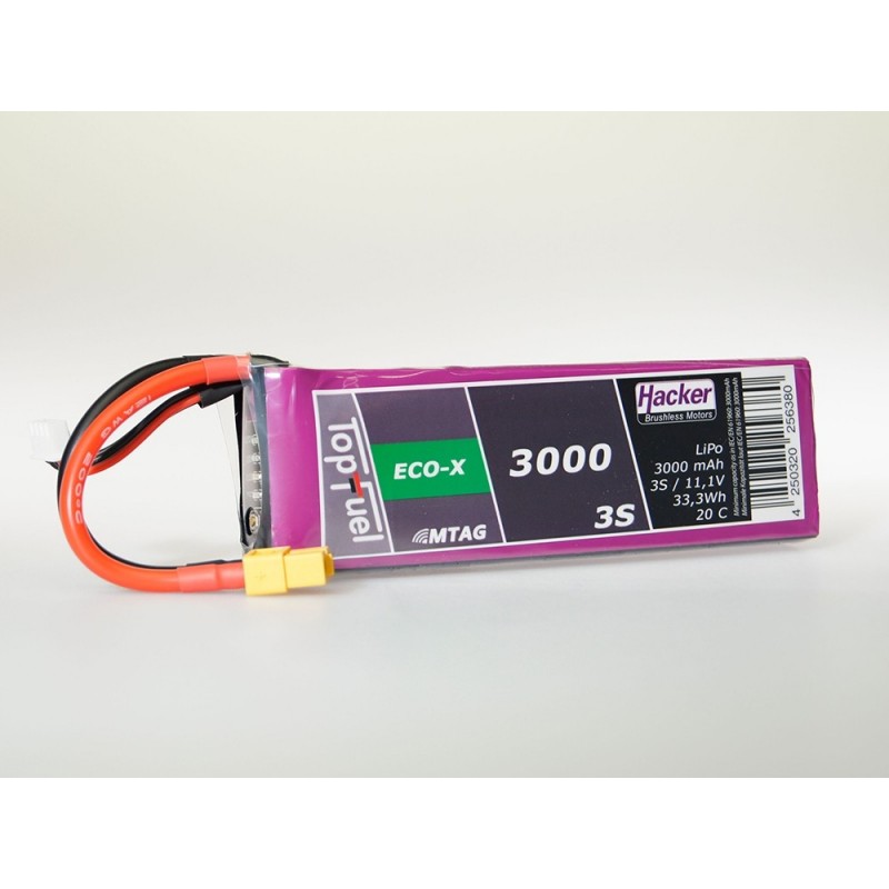 Batterien für den Antrieb von RC-Flugzeugen - Lipo Akku Hacker TopFuel Eco-X MTAG 3S 11.1V 3000mAh 20C Stecker XT60 - FLASH RC