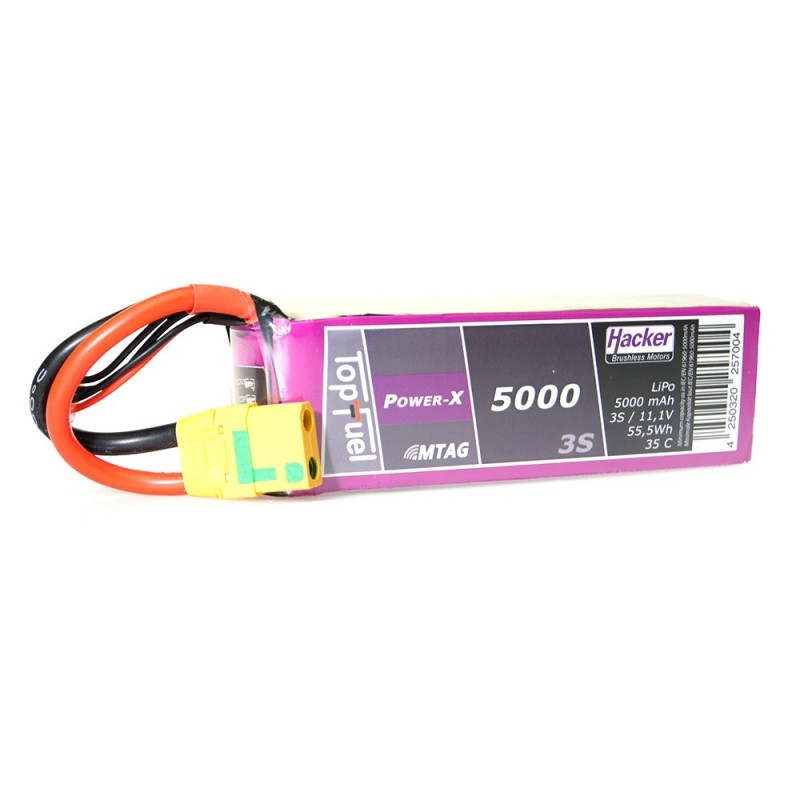 Batteries de propulsion avions RC - Batterie Lipo Hacker TopFuel Power-X MTAG 3S 11.1V 5000mAh 35C Prise XT90S - FLASH RC