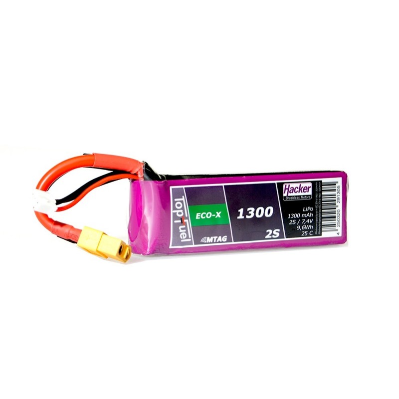 Baterías de propulsión de aviones RC - Lipo Hacker TopFuel Eco-X MTAG 2S 7.4V 1300mAh 25C XT60 socket - FLASH RC