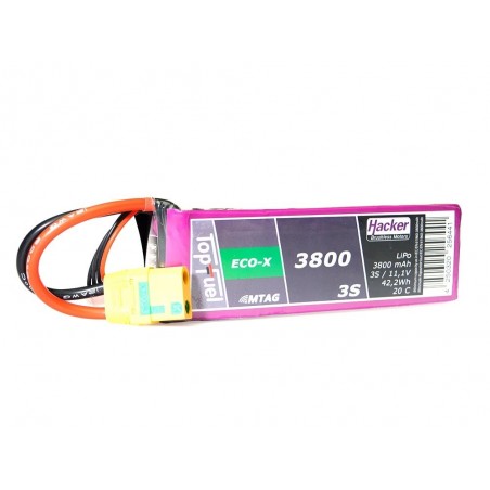 Batteries de propulsion avions RC - Batterie Lipo Hacker TopFuel Eco-X MTAG 3S 11.1V 3800mAh 20C Prise XT90S - FLASH RC